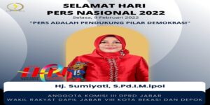 Apresiasi ucapan selamat pada insan pres menjelang Hari Pres Nasional (HPN) yang ke-76 pada tanggal 9 Febuari2022 mendatang.turut disampaikan juga oleh Anggota Dewan Perwakilan Rakyat Daerah (DPRD) Provinsi Jawa Barat. Hj. Sumiyati, S.Pd.I .M,Ipol menyampaikan apresiasinya terhadap peran aktif wartawan dalam menyebarkan informasi dan mengedukasi masyarakat,sehingga mengetahui perkembangan kabar yang aktual dan faktual bukan hoax. Politisi Perempuan Partai Demokrasi Indonesia Perjuangan (PDIP) ini mengatakan, “Peringatan HPN 2022 harus menjadi momentum penguatan peran dan konsistensi wartawan dalam membantu mengatasi penyebaran virus corona dengan memberikan informasi yang benar, agar kehidupan warga kembali pulih seperti sediakala,” ungkapnya saat di hubungi melalui jaringan telepon selulernya Minggu (6/2/2022). “Saya pun merasa bangga serta menyampaikan apresiasi sebesar-besarnya kepada insan media. Mengingat peran media dalam pemberitaan pembangunan sangat penting. Apalagi di saat pendemi Covid-19 saat ini sangat aktif dalam penyebaran informasi dan pendidikan tentang pandemi dan selalu mengajak masyarakat untuk patuh pada protokol kesehatan kata Wakil rakyat daerah pemilihan (Dapil) Jabar VIII meliputi Kota Bekasi dan Depok ini.