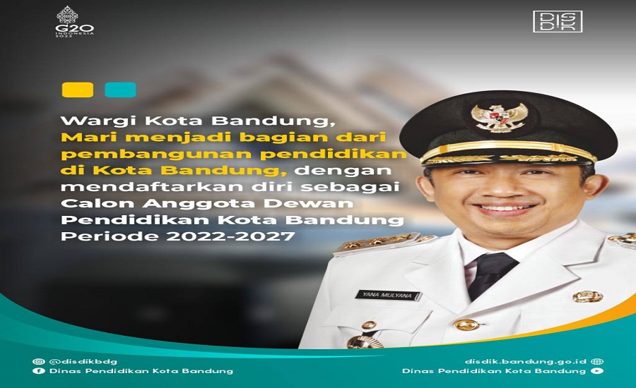 Dinas Pendidikan (Disdik) Kota Bandung mengajak warga menjadi bagian dari pembangunan pendidikan. Caranya dengan mendaftarkan diri menjadi Calon Anggota Dewan Pendidikan Kota Bandung Periode 2022-2027. Untuk diketahui, Dewan Pendidikan adalah lembaga mandiri yang beranggotakan berbagai unsur masyarakat yang peduli pendidikan. Dewan Pendidikan mempunyai fungsi dalam peningkatan pelayanan pendidikan dengan memberikan pertimbangan, arahan dan dukungan tenaga, sarana dan prasarana, serta pengawasan pendidikan pada tingkat nasional, provinsi, dan kabupaten maupun kota. Dalam pelaksanaan fungsinya, Dewan Pendidikan menjalankannya secara mandiri dan profesional.