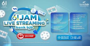 bank bjb siap mencatatkan sejarah baru dengan memecahkan rekor MURI melalui Live Streaming 61 Jam Non Stop dalam rangkaian HUT bank bjb ke-61. Pemimpin Divisi Corporate Secretary bank bjb Widi Hartoto rangkaian HUT bank bjb ke-61 akan mengkolaborasikan seluruh wilayah operasional bank bjb untuk ikut serta dalam kesuksesan perayaan dengan mengusung tema "Kola6orAks1". "Semua kegiatan Kanwil 1 sampai 5 akan menjadi sebuah konten yang akan ditayangkan pada sebuah main event Live Streaming 61 Jam Non Stop bank bjb yang bisa disaksikan dan dinikmati oleh seluruh masyarakat secara online," ujar Widi. Live Streaming 61 Jam Non Stop bank bjb akan memecahkan rekor MURI yang akan ditayangkan melalui channel Youtube bank bjb selama 61 jam (2 hari 13 jam) mulai Jumat 20 Mei 2022 pukul 09.00 WIB hingga Minggu 22 Mei 2022 pukul 22.00 WIB.