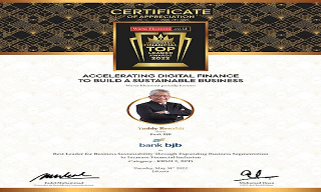 Direktur Utama bank bjb Yuddy Renaldi meraih penghargaan dalam ajang Indonesia Financial Top Leader Awards 2022 sebagai Best Leader for Business Sustainability Through Expanding Business Segmentation to Increase Financial Inclusion (Category: KBMI 2, BPD). Penghargaan dari Warta Ekonomi ini diberikan kepada Direktur Utama bank bjb Yuddy Renaldi karena menjadi pemimpin perusahaan industri keuangan yang konsisten melakukan inovasi, adaptasi, dan pengembangan bisnis. Penghargaan diterima dan diwakili oleh Deputy Corporate Secretary bank bjb, Devi Fajar Nugraha. Acara Indonesia Financial Top Leader Awards 2022 dengan tema Accelerating Digital Finance to Bulid a Sustainable Business diselenggarakan secara virtual melalui aplikasi meeting online pada Selasa, 31 Mei 2022.