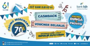 PT Bank Pembangunan Daerah Jawa Barat dan Banten Tbk (bank bjb) menyambut dan memeriahkan ulang tahuhnya ke-61 dengan menggelar beragam promo spesial dan menarik yang memberikan keuntungan bagi seluruh masyarakat. Pemimpin Divisi Corporate Secretary bank bjb Widi Hartoto mengatakan HUT bank bjb ke-61 akan diwarnai dengan banyak program promosi mulai dari produk tabungan, kredit, jasa dan layanan perbankan lainnya. Selain itu, promo HUT bank bjb ke 61 tahun berlangsung di berbagai merchant yang telah bekerjasama dengan bank bjb. Promo ini berupa diskon, voucher, cashback dan lainnya yang sangat menguntungkan bagi nasabah dan masyarakat. "Promo HUT bank bjb ke-61 digelar sebagai bentuk apresiasi kepada nasabah dan masyarakat karena ikut membangun bank bjb menjadi Tandamata Untuk Negeri," ujar Widi.