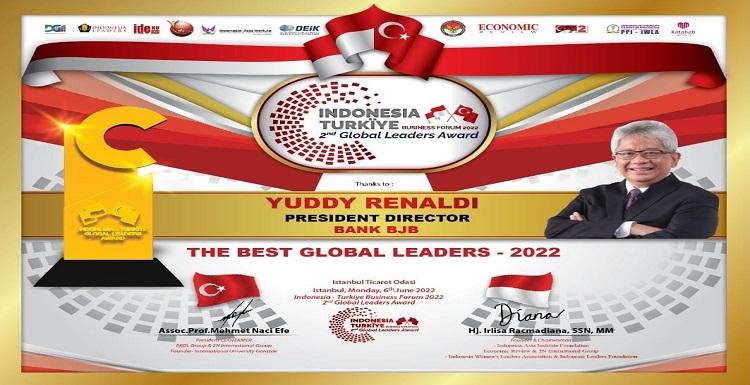 bank bjb kembali mencatatkan prestasi gemilang dengan meraih penghargaan The Best Global Company 2022 dalam ajang internasional Indonesia-Turkiye Global Leaders Business Forum & Award II 2022. Prestasi serupa juga diraih Direktur Utama bank bjb Yuddy Renaldi sebagai The Best Global Leaders 2022. Acara yang digelar Majalah Economic Review ini berlangsung pada Senin 6 Juni 2022 di Istanbul-Turkiye. Penghargaan yang diberikan Turkiye dan Indonesia didukung KBRI dan KJRI kepada perusahaan Indonesia baik BUMN, BUMD atau swasta. Penghargaan diterima secara virtual oleh Direktur Information Technology, Treasury and International Banking bank bjb Rio Lanasier.