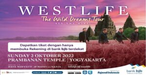 bank bjb siap memanjakan nasabah melalui promo menarik dengan konser Westlife Dreams Tour 2022 yang akan dilaksanakan pada Minggu, 2 Oktober 2022 di Pelataran Candi Prambanan, Yogyakarta. Pemimpin Divisi Corporate Secretary bank bjb, Widi Hartoto mengatakan bank bjb senantiasa memanjakan nasabah dengan beragam promo menarik yang menguntungkan. Salah satunya melalui program promosi bjb Tandamata Westlife Tahun 2022. "bank bjb menggelar program promosi berupa pemberian tiket masuk Konser Westlife The Wild Dreams Tour Tahun 2022 kepada nasabah mulai 9 September hingga 30 September 2022 untuk produk Tabungan, Reksadana dan Bancassurance, serta bjb Prioritas," ujar Widi. Nasabah yang membuka rekening bjb Tandamata Berjangka/SiMUDA dengan setoran awal Rp2,5 juta dan setoran per bulan Rp500 ribu akan mendapatkan 1 tiket, atau setoran awal Rp5 juta akan mendapatkan 2 tiket Festival A. Sedangkan setoran awal Rp1,5 juta dan setoran per bulan Rp250 ribu akan mendapatkan 1 tiket Festival B, setoran awal Rp3 juta akan mendapatkan 2 tiket Festival B.