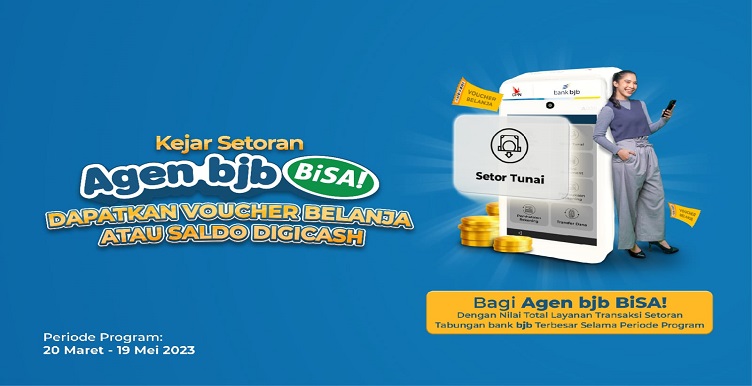 bank bjb selalu memanjakan Agen bjb BiSA! dengan berbagai promo dan banyak program menarik yang menguntungkan, salah satunya melalui Kejar Setoran Agen bjb BiSA!. Program Kejar Setoran Agen bjb BiSA! adalah program promosi pemberian hadiah dalam bentuk voucher belanja atau saldo DigiCash untuk para Agen bjb BiSA! yang berhasil melayani dan menghimpun jumlah nilai setoran tunai (total amount) terbesar khusus produk tabungan bank bjb selama periode program yang berlaku 20 Maret - 19 Mei 2023. "Kejar Setoran Agen bjb BiSA! merupakan program yang memanjakan Agen bjb BiSA! dengan memberikan hadiah voucher belanja atau saldo DigiCash sebagai bentuk apresiasi," ujar Pemimpin Divisi Corporate Secretary bank bjb Widi Hartoto.