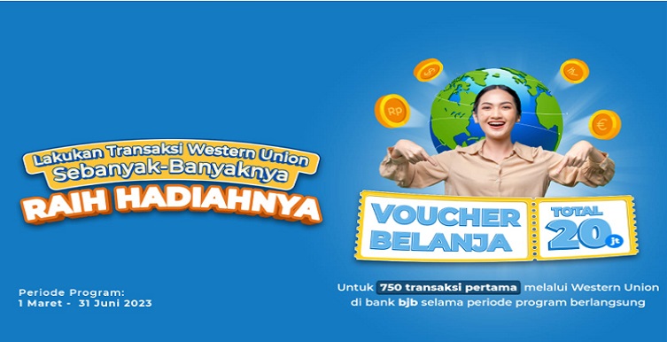 bank bjb kembali menggelar program promosi menarik untuk nasabahnya yang melakukan transaksi remittance menggunakan Western Union. Program promosi ini bertajuk Gebyar Hadiah bank bjb Remittance Reward Western Union dan berlangsung selama periode 1 Maret hingga 30 Juni 2023. Program Gebyar Hadiah bank bjb Remittance Reward Western Union menawarkan hadiah menarik bagi nasabah perorangan atau Walk In Customer yang melakukan transaksi remittance Western Union. Adapun hadiah yang ditawarkan berupa voucher belanja Rp25.000.