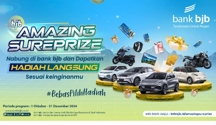 bank bjb terus menghadirkan inovasi dan program yang memudahkan nasabah dalam bertransaksi serta memberikan pengalaman perbankan yang menyenangkan. Salah satu program yang baru diluncurkan adalah bjb Amazing SurePrize, sebuah program penempatan dana yang memberikan hadiah langsung kepada nasabah. Program ini diharapkan dapat meningkatkan kepuasan nasabah dengan beragam hadiah, mulai dari cashback hingga hadiah kendaraan bermotor. bjb Amazing SurePrize berlangsung dari 1 Oktober hingga 31 Desember 2024, dirancang untuk memberi pengalaman perbankan yang berbeda bagi nasabah bank bjb. Nasabah yang mengikuti program ini akan mendapatkan keuntungan langsung sesuai dengan besaran dana yang ditempatkan dan jangka waktu penempatannya. Hadiah yang diberikan mencakup cashback, saldo DigiCash, setoran DPLK, atau barang lainnya yang sesuai dengan nominal penempatan dan kebutuhan nasabah. Program ini juga merupakan wujud dedikasi bank bjb dalam memberikan layanan yang bernilai tambah bagi nasabah, serta memperkuat posisi bank bjb sebagai mitra keuangan yang terpercaya