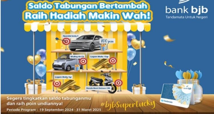 bank bjb meluncurkan program promosi menarik bertajuk "bjb Super Lucky," yang merupakan undian berhadiah sebagai bentuk apresiasi bagi nasabah perorangan yang berhasil meningkatkan saldo tabungan. Program ini dirancang khusus untuk memberikan kesempatan kepada nasabah dalam meraih berbagai hadiah menarik dengan meningkatkan saldo rata-rata tabungan mereka. Hadiah yang ditawarkan dalam program ini juga sangat menggiurkan. Nasabah memiliki kesempatan untuk memenangkan hadiah berupa 7 unit mobil listrik, tiga puluh unit sepeda motor matic, serta logam mulia dengan berat bervariasi. Hadiah-hadiah ini tentunya akan memacu semangat nasabah untuk meningkatkan saldo tabungan mereka.