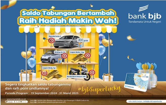 bank bjb meluncurkan program promosi menarik bertajuk "bjb Super Lucky," yang merupakan undian berhadiah sebagai bentuk apresiasi bagi nasabah perorangan yang berhasil meningkatkan saldo tabungan. Program ini dirancang khusus untuk memberikan kesempatan kepada nasabah dalam meraih berbagai hadiah menarik dengan meningkatkan saldo rata-rata tabungan mereka. Hadiah yang ditawarkan dalam program ini juga sangat menggiurkan. Nasabah memiliki kesempatan untuk memenangkan hadiah berupa 7 unit mobil listrik, tiga puluh unit sepeda motor matic, serta logam mulia dengan berat bervariasi. Hadiah-hadiah ini tentunya akan memacu semangat nasabah untuk meningkatkan saldo tabungan mereka.